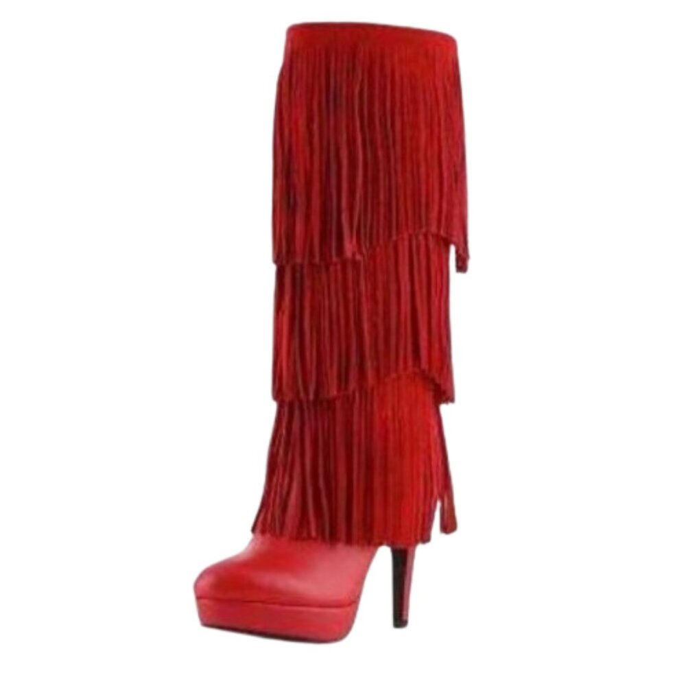 Fringe Leather High Heel Knee High Red Boot Lupita